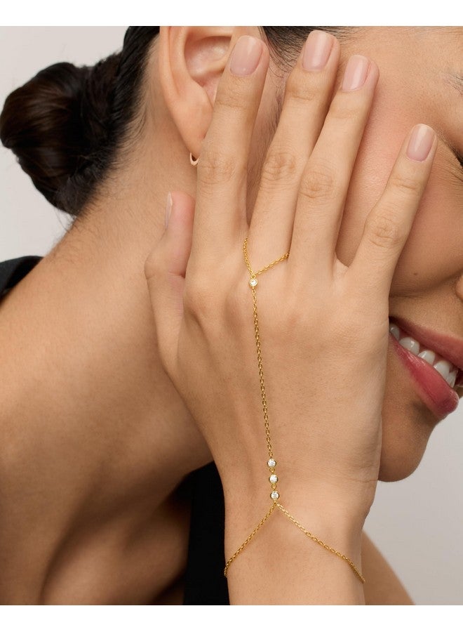 بافوا سوار سلسلة يد مطلي بالذهب الأصفر عيار 14 قيراطًا مرصع بأحجار الزركونيا المكعبة للنساء | سوار وسلسلة خاتم من المجوهرات للجسم - Image 3