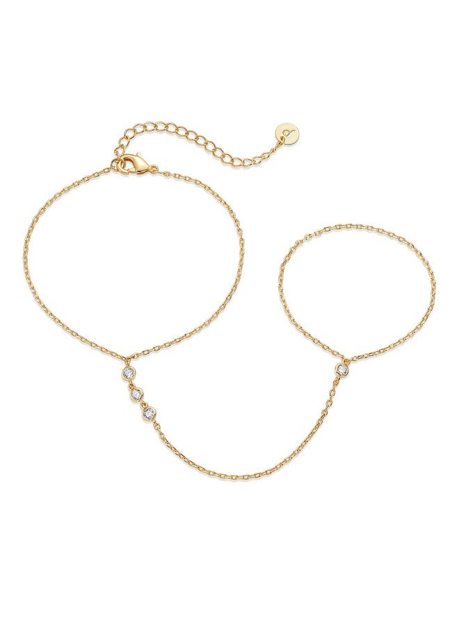 بافوا سوار سلسلة يد مطلي بالذهب الأصفر عيار 14 قيراطًا مرصع بأحجار الزركونيا المكعبة للنساء | سوار وسلسلة خاتم من المجوهرات للجسم - Image 1