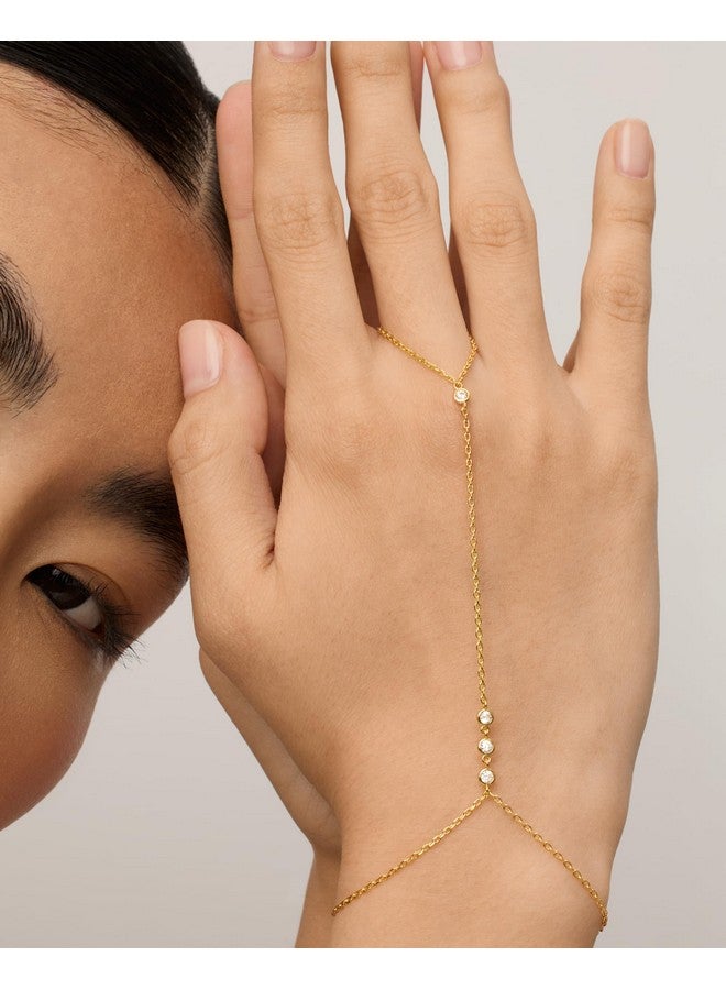 بافوا سوار سلسلة يد مطلي بالذهب الأصفر عيار 14 قيراطًا مرصع بأحجار الزركونيا المكعبة للنساء | سوار وسلسلة خاتم من المجوهرات للجسم - Image 2