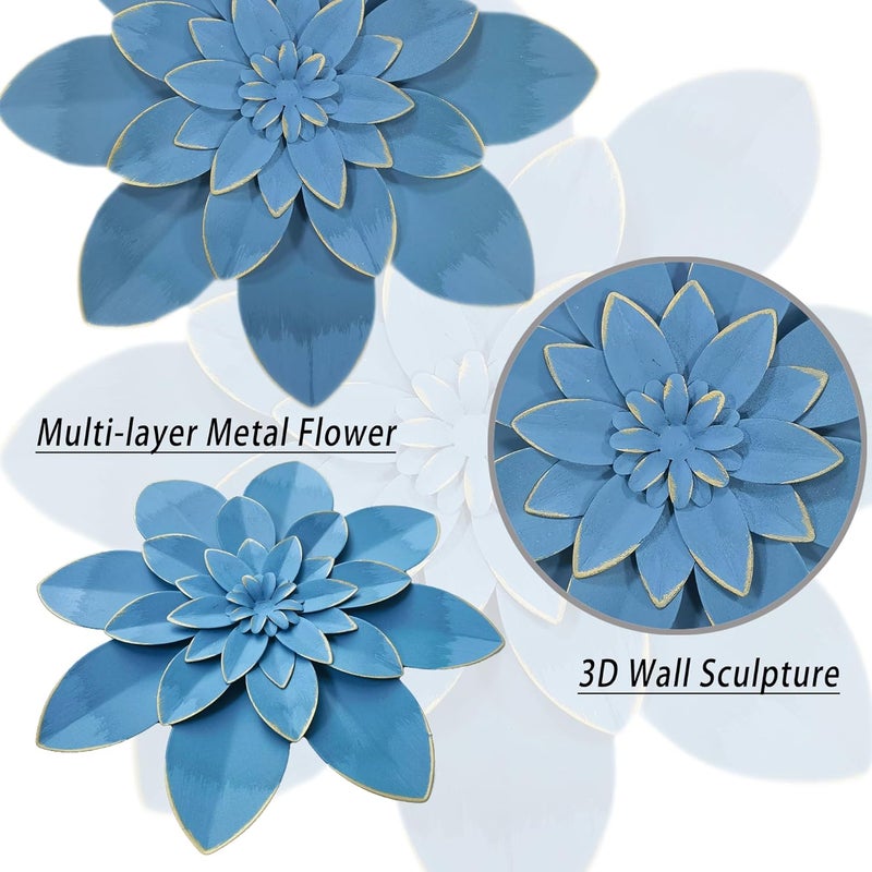 Picfarce Ocean Blue Metal Flower Wall Art Decor, 9.5“ Rustic Modern Floral Sculpture, Distressed Hanging Home Decoration Accent Artworks for Indoor Bedroom Living Room Office Outdoor Garden Patio - Image 2
