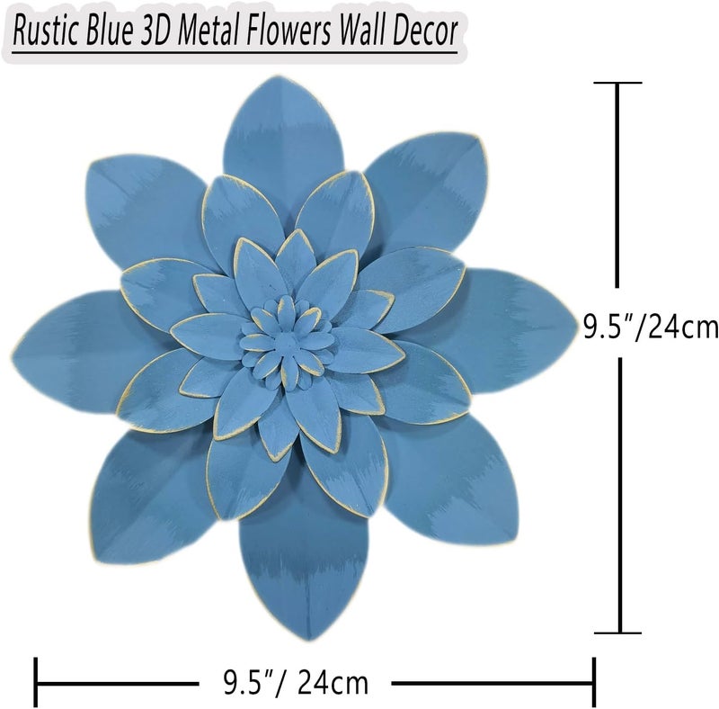 Picfarce Ocean Blue Metal Flower Wall Art Decor, 9.5“ Rustic Modern Floral Sculpture, Distressed Hanging Home Decoration Accent Artworks for Indoor Bedroom Living Room Office Outdoor Garden Patio - Image 3