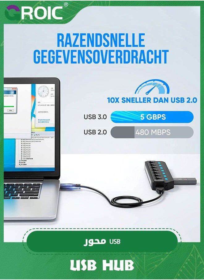 GROIC USB Hub 3.0, 7 Port USB Hub Splitter with Individual On/Off LED Switches, 5Gbps HighSpeed Data USB Extension for Laptop, iMac, USB Flash Drives, Mobile HDD, Printer, Camera and More  - Image 4