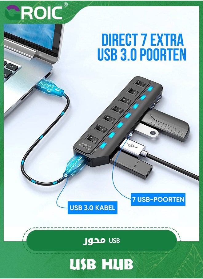 GROIC USB Hub 3.0, 7 Port USB Hub Splitter with Individual On/Off LED Switches, 5Gbps HighSpeed Data USB Extension for Laptop, iMac, USB Flash Drives, Mobile HDD, Printer, Camera and More  - Image 2