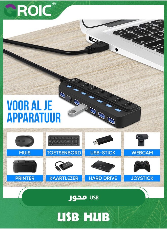 GROIC USB Hub 3.0, 7 Port USB Hub Splitter with Individual On/Off LED Switches, 5Gbps HighSpeed Data USB Extension for Laptop, iMac, USB Flash Drives, Mobile HDD, Printer, Camera and More  - Image 3
