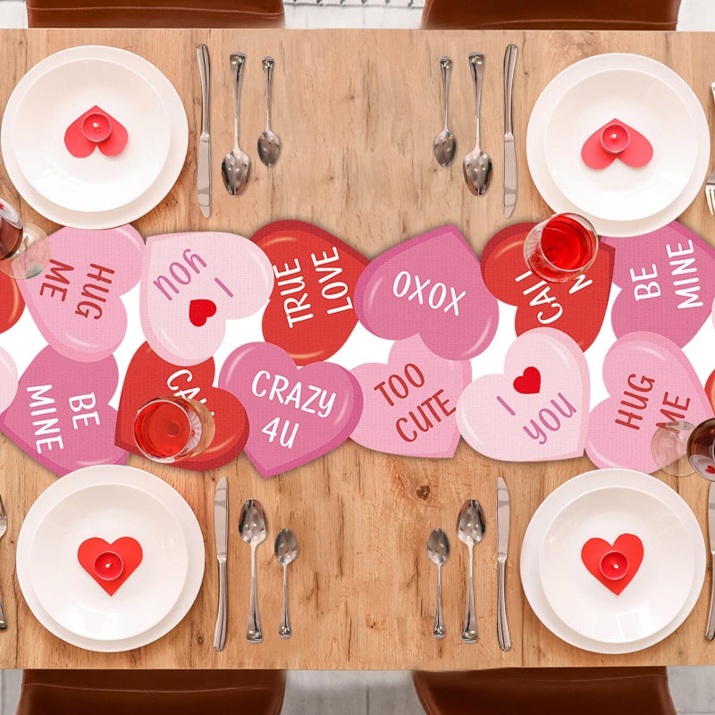 Lonfliness Valentine Table Runner Pink Red Love Heart 72x13inch Conversation Candy Heart Valentines Table Runner Cover Kitchen Dining Decor for Wedding Engagement Anniversary Home Party Decoration - Image 4