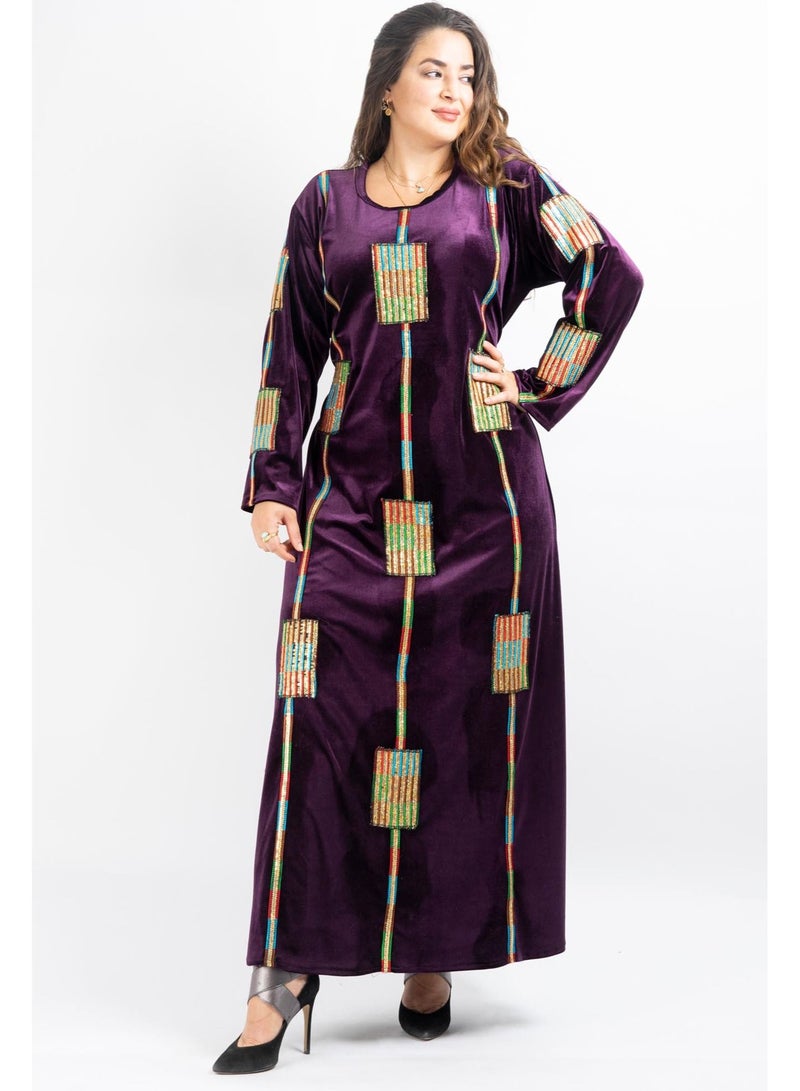 Jalabiya Velvet Winter Dress. Round Neck Long Sleeve And Long Bottom Back Tie. Purple  - Image 5