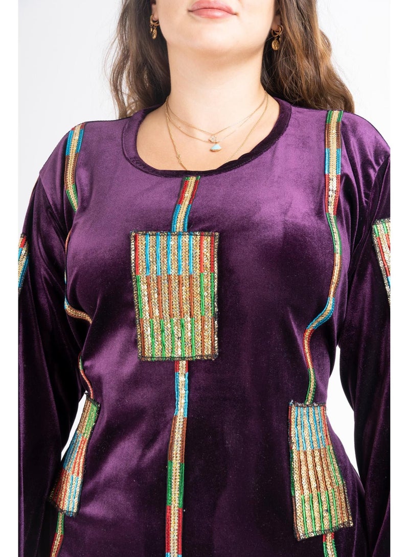 Jalabiya Velvet Winter Dress. Round Neck Long Sleeve And Long Bottom Back Tie. Purple  - Image 2