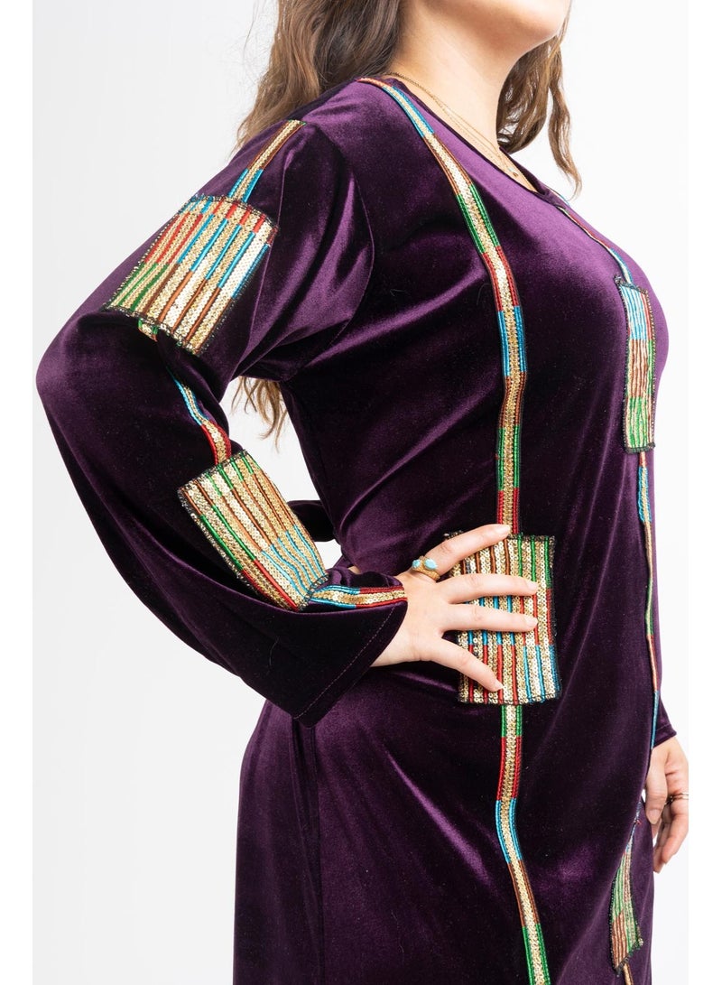 Jalabiya Velvet Winter Dress. Round Neck Long Sleeve And Long Bottom Back Tie. Purple  - Image 4