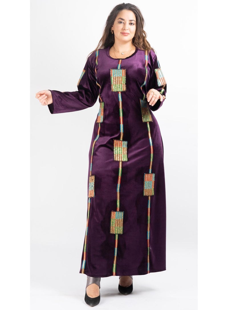 Jalabiya Velvet Winter Dress. Round Neck Long Sleeve And Long Bottom Back Tie. Purple  - Image 3