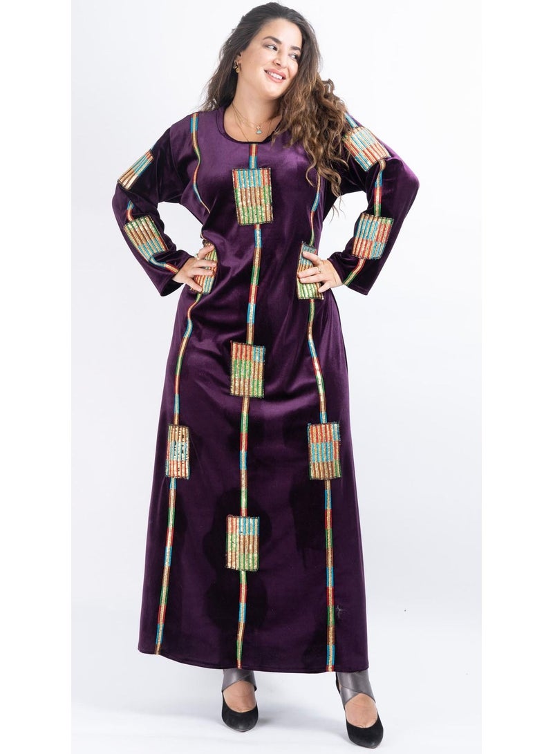 Jalabiya Velvet Winter Dress. Round Neck Long Sleeve And Long Bottom Back Tie. Purple  - Image 1