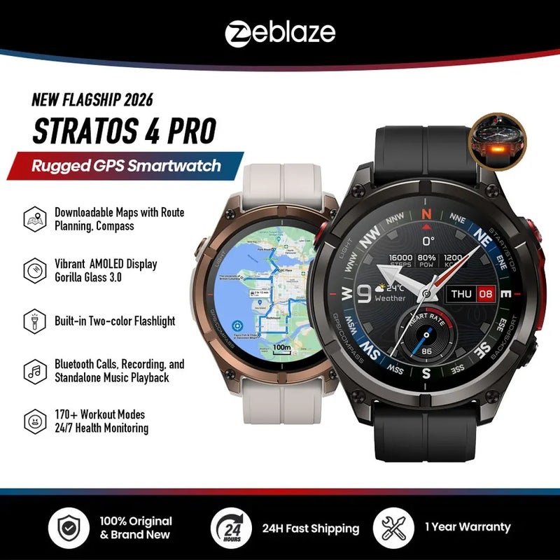زيبليز ساعة ذكية Flagship Zeblaze Stratos 4 PRO Rugged GPS Smartwatch Amoled Download Maps Two-color Flashlight Music Storage Watch, Black - Image 2