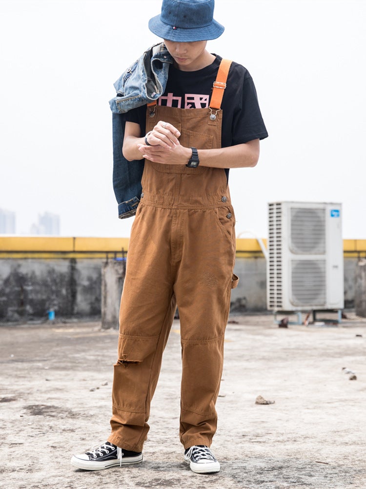 Autumn Khaki Suspender Pants Mens Youth Loose Straight Multi-Pocket Workwear Overalls Small Single Custom Blue - Image 2