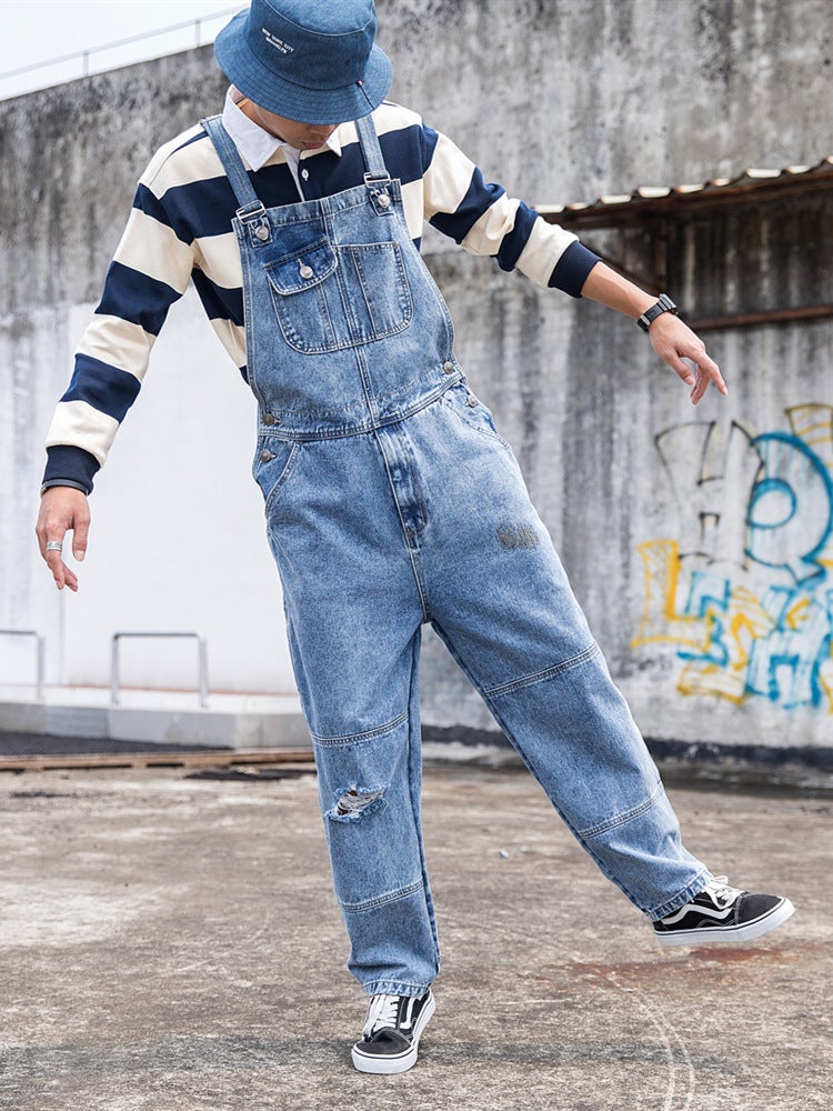 Autumn Khaki Suspender Pants Mens Youth Loose Straight Multi-Pocket Workwear Overalls Small Single Custom Blue - Image 1