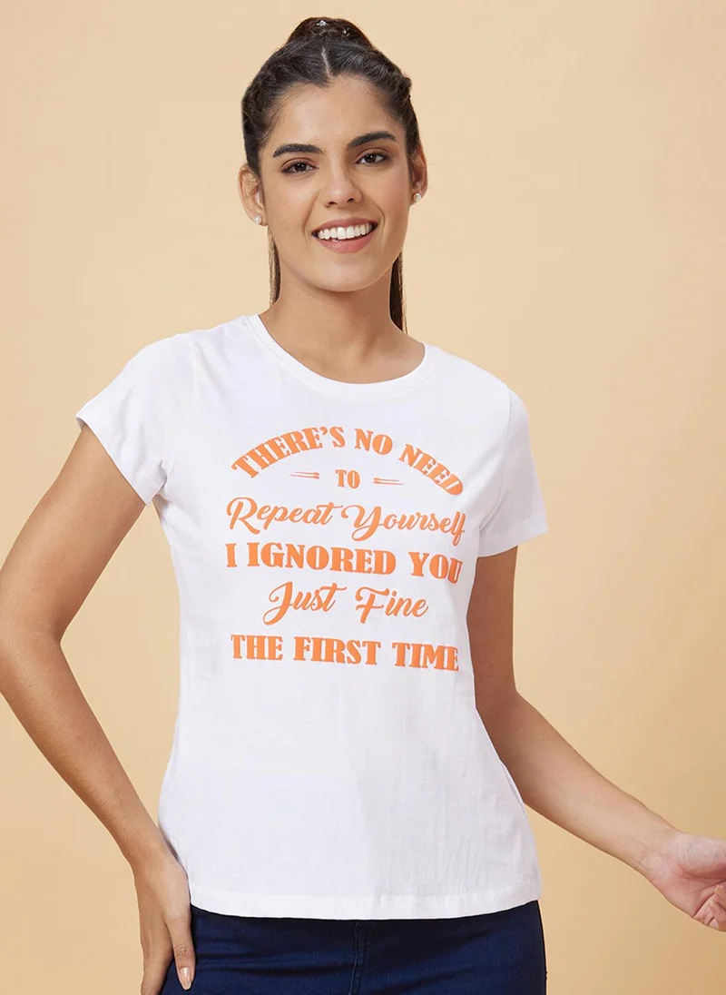 globus Globus Women White Typography Round Neck Pure Cotton T-Shirt