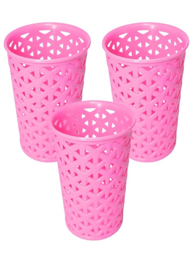 MORVI Linea Small Round Plastic Multipurpose Organizer For Kitchen, Bathroom, Salon, Office|Stationery,Cutlery,Pen,Makeup Brushes Holder|Hanging Toothbrush Stand |Pack Of 3 | PINK - Image 1