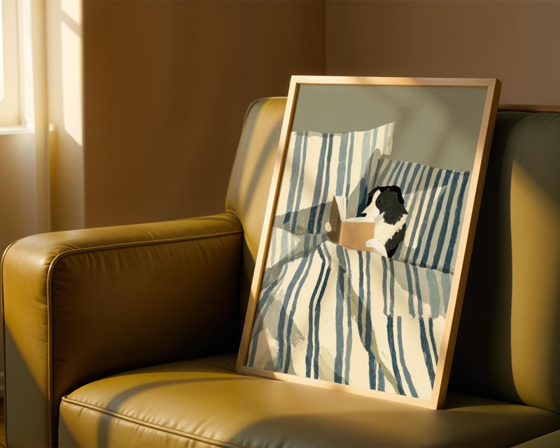 TNESSENTIAL Dog Reading Art Print – Border Collie Wall Art, Bookish Dog Poster, Dog in Bed Illustration, Funny Dog Lover Gift, Cozy Bedroom Pet Decor - Image 1