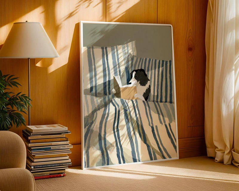 TNESSENTIAL Dog Reading Art Print – Border Collie Wall Art, Bookish Dog Poster, Dog in Bed Illustration, Funny Dog Lover Gift, Cozy Bedroom Pet Decor - Image 3