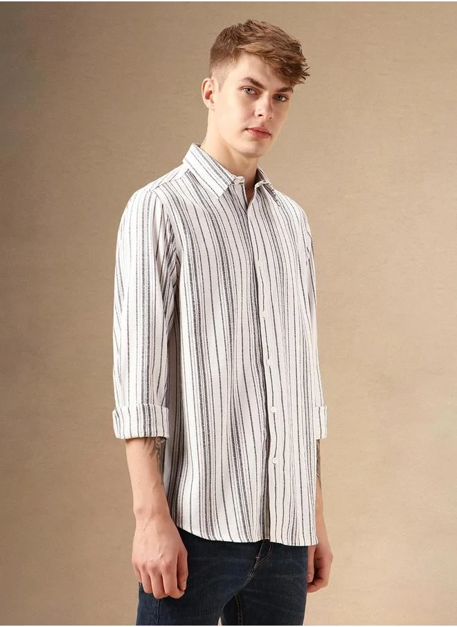 Dennis Lingo Striped Relaxed Fit Spread Collar Curved Hem Shirt