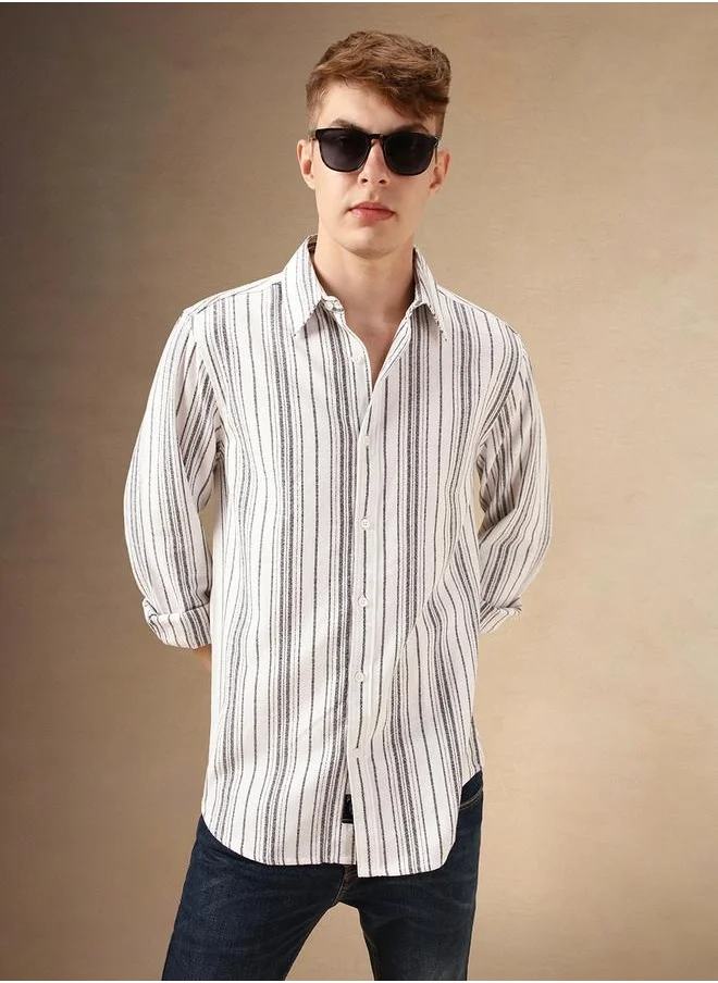 Dennis Lingo Striped Relaxed Fit Spread Collar Curved Hem Shirt