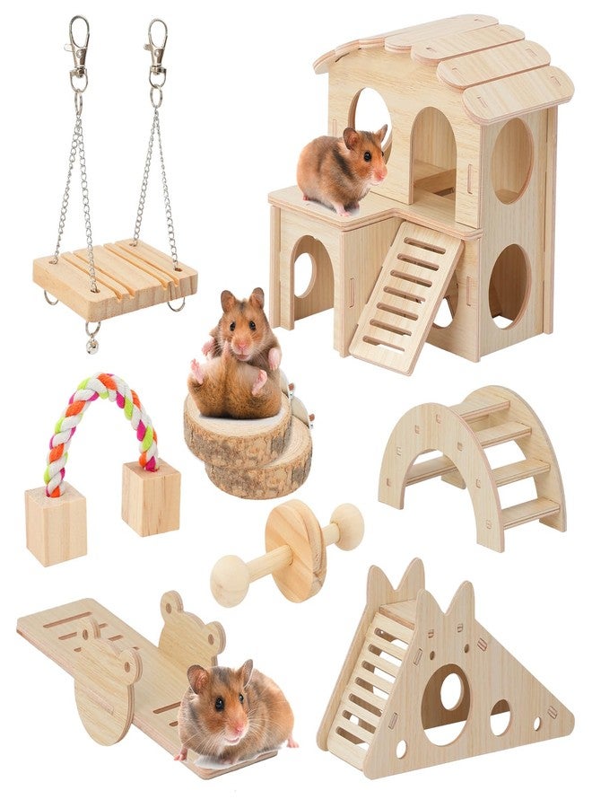 IUMLXJO 9PCS Wooden Hamster Toys Set, Guinea Pig Hideout with House, Small Animal Chew Toys Boredom Breakers DIY Cage Accessories Hamster Seesaw Bridge Slide Hideout Hut Activity for Rabbit Rat - Image 1