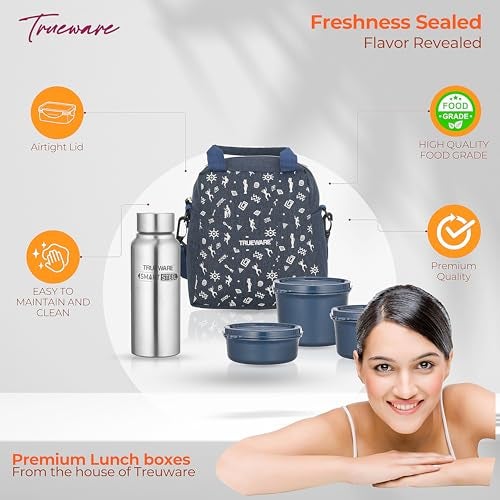 Trueware Omaga Lunch Box with Insulated Khadi Jacket, 3 Microwave Safe & Leak Proof Inner Stainless Steel Containers (1 x 200ml, 1 X 400ml & 1 X 500ml) & 1 Steel Bottle 500ml Tiffin for Office,College - Image 4