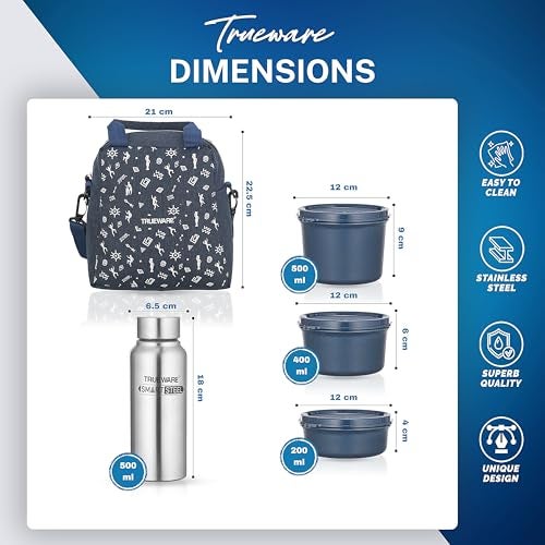 Trueware Omaga Lunch Box with Insulated Khadi Jacket, 3 Microwave Safe & Leak Proof Inner Stainless Steel Containers (1 x 200ml, 1 X 400ml & 1 X 500ml) & 1 Steel Bottle 500ml Tiffin for Office,College - Image 2