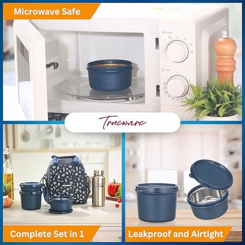 Trueware Omaga Lunch Box with Insulated Khadi Jacket, 3 Microwave Safe & Leak Proof Inner Stainless Steel Containers (1 x 200ml, 1 X 400ml & 1 X 500ml) & 1 Steel Bottle 500ml Tiffin for Office,College - Image 3