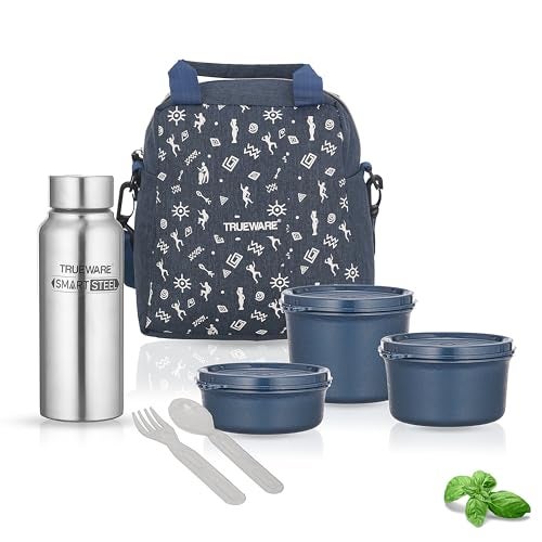 Trueware Omaga Lunch Box with Insulated Khadi Jacket, 3 Microwave Safe & Leak Proof Inner Stainless Steel Containers (1 x 200ml, 1 X 400ml & 1 X 500ml) & 1 Steel Bottle 500ml Tiffin for Office,College - Image 1