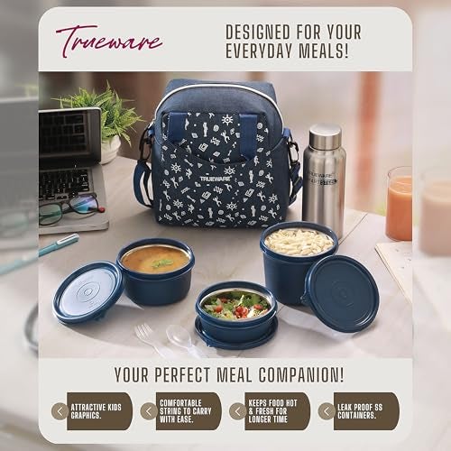 Trueware Omaga Lunch Box with Insulated Khadi Jacket, 3 Microwave Safe & Leak Proof Inner Stainless Steel Containers (1 x 200ml, 1 X 400ml & 1 X 500ml) & 1 Steel Bottle 500ml Tiffin for Office,College - Image 5