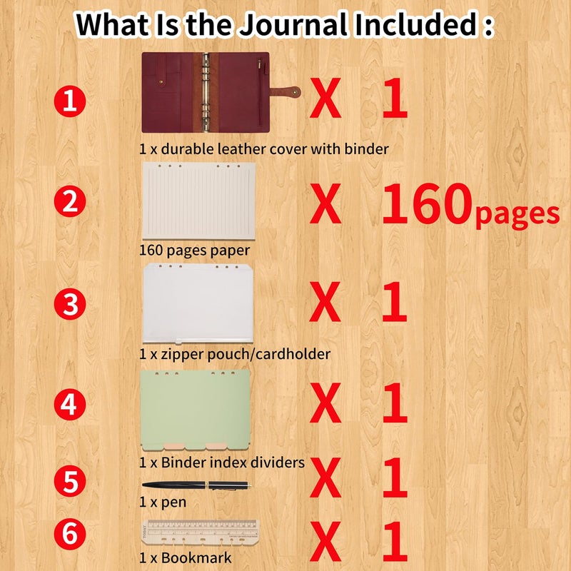 Wonderpool A5 Binder Journal Leather Spiral Notebook Refillable College Ruled Paper, Budget Binder Rings Diary Organizer with Pen for Office School Travel Business Planning Writing (Wine red,A5) - Image 5