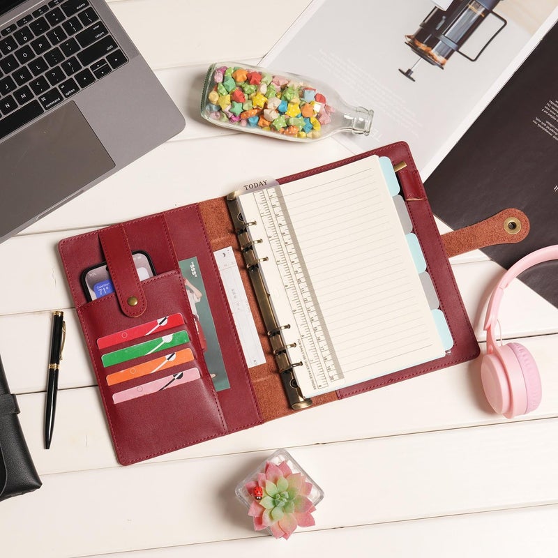 Wonderpool A5 Binder Journal Leather Spiral Notebook Refillable College Ruled Paper, Budget Binder Rings Diary Organizer with Pen for Office School Travel Business Planning Writing (Wine red,A5) - Image 3