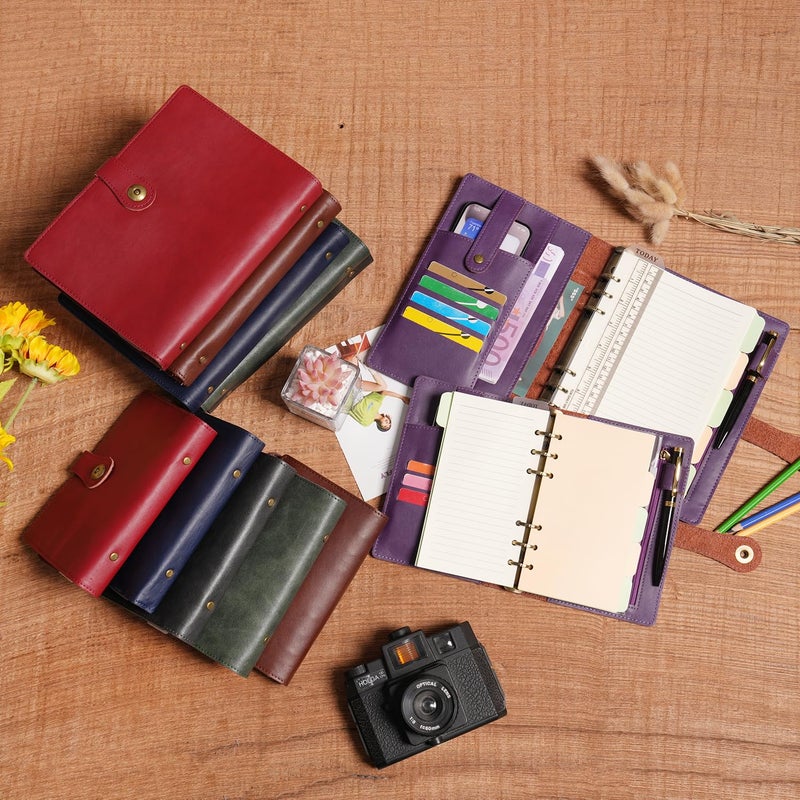 Wonderpool A5 Binder Journal Leather Spiral Notebook Refillable College Ruled Paper, Budget Binder Rings Diary Organizer with Pen for Office School Travel Business Planning Writing (Wine red,A5) - Image 4
