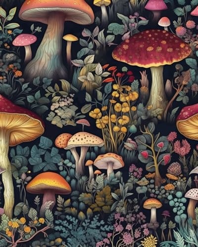 BOKEBEVE Mushroom Wallpaper Peel and Stick Floral Contact Paper Vintage Leaf Wall Paper for Bedroom Bathroom Countertop Removable Waterproof Black Colorful 175 x 1965In - Image 1