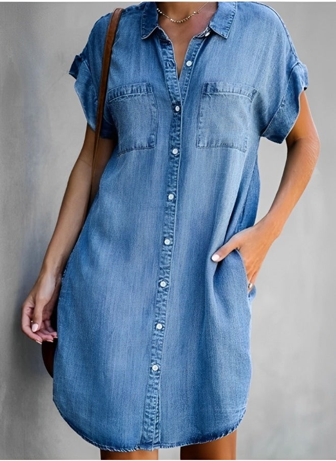 REOCLE - Women's Denim Dress Shirt Dress Casual Summer Short Sleeve Denim Dresses with Pockets Midi Dress Button Down Dress - Image 1