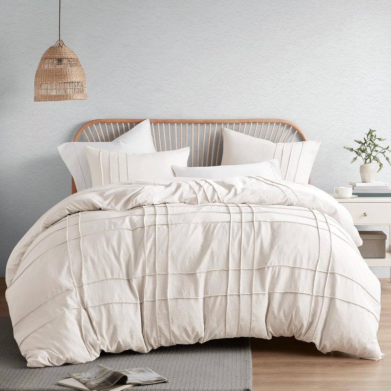 Comfort Spaces Cream Queen Size Duvet Cover Set - 3 Pieces Pintuck Pleated Duvet Cover Queen, All Season Lightweight, Extra Softness Pre-Washed Microfiber Queen Bedding Cover Shams, Full/Queen - Image 1