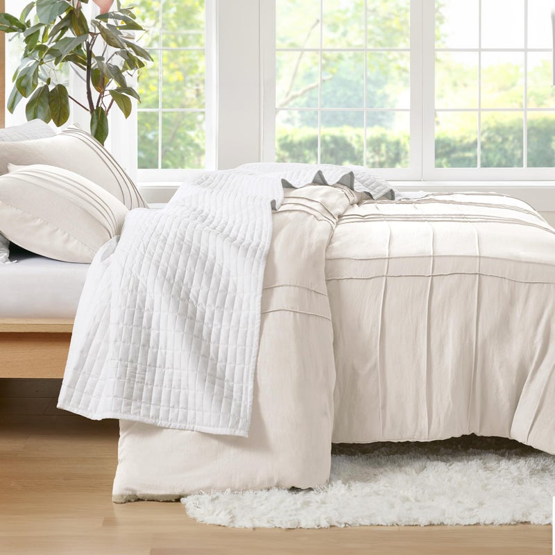 Comfort Spaces Cream Queen Size Duvet Cover Set - 3 Pieces Pintuck Pleated Duvet Cover Queen, All Season Lightweight, Extra Softness Pre-Washed Microfiber Queen Bedding Cover Shams, Full/Queen - Image 2