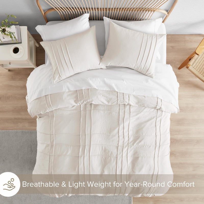 Comfort Spaces Cream Queen Size Duvet Cover Set - 3 Pieces Pintuck Pleated Duvet Cover Queen, All Season Lightweight, Extra Softness Pre-Washed Microfiber Queen Bedding Cover Shams, Full/Queen - Image 4