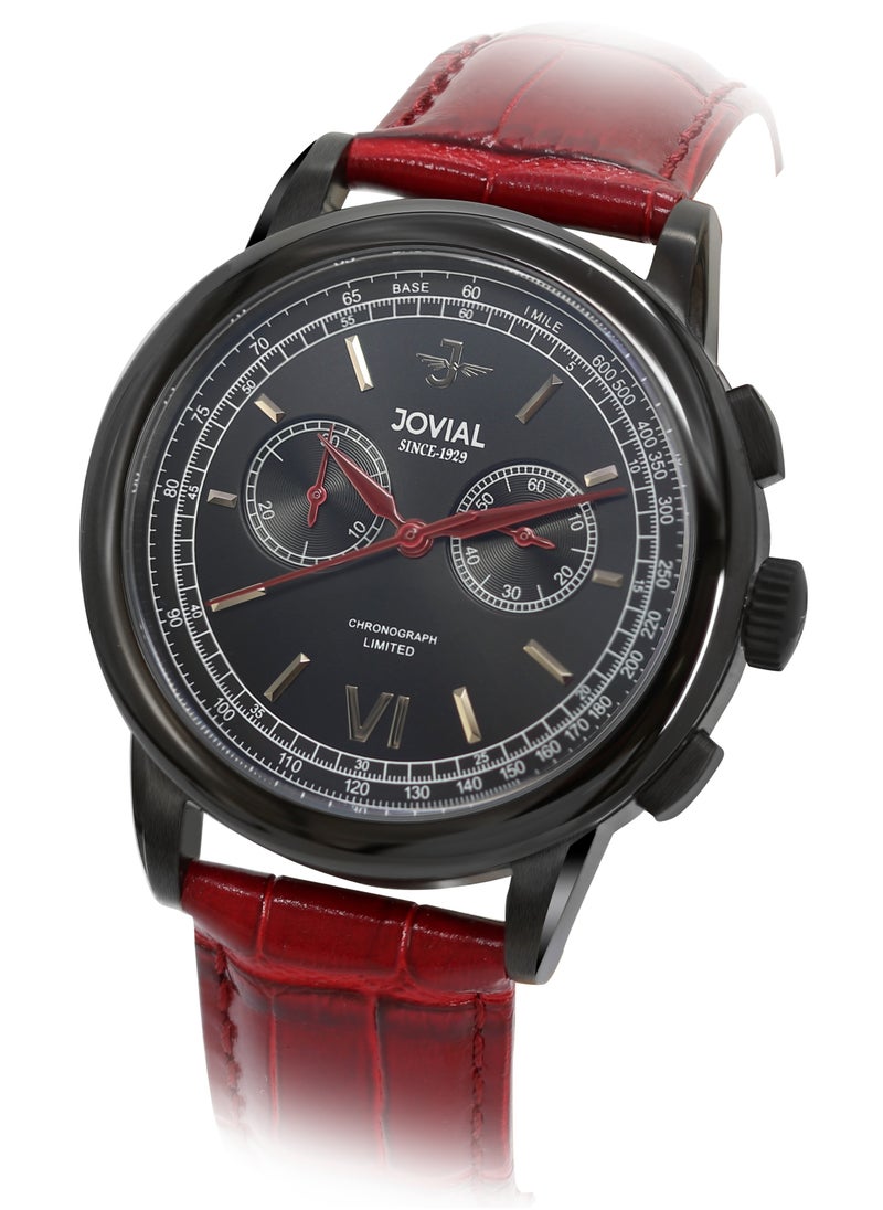 Jovial JOVIAL 9180GBLC63E Men's Leather strap Watch, 42mm, Black Dial  - Image 2