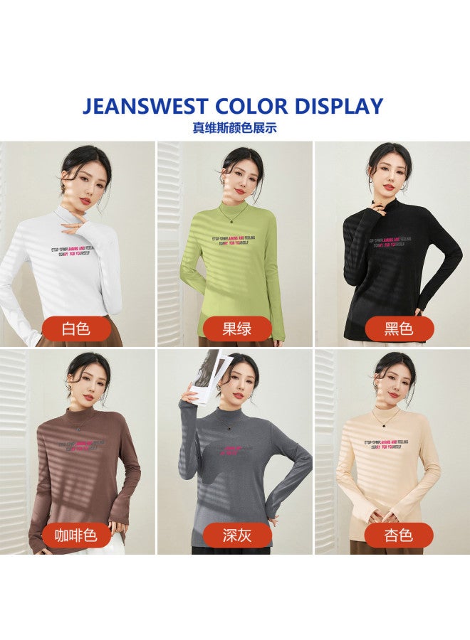 Jeanswest Women'S Semi-Turtle Neck Velvet Base Shirt Youth Slimming Comfort Long Sleeve T-Shirt Autumn Winter Women'S Warm Mid-Neck Top - Image 3