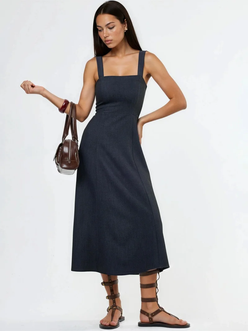Qustyle QU STYLE Square Collar A-Line Midi Dress