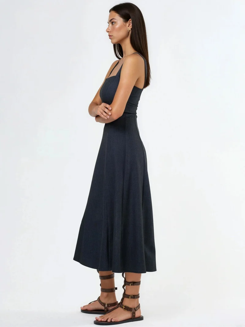 Qustyle QU STYLE Square Collar A-Line Midi Dress