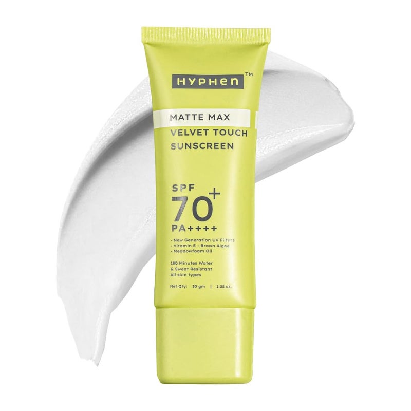 HYPHEN واقي شمس هيبورن ماتي ماكس لمسة مخملية SPF 70 PA حماية من الشمس درع الشمس يرطب و يهدئ البشرة 12 ساعة حماية UVA/UVB واقي شمس SPF بدون أثر أبيض لجميع أنواع البشرة 30 جرام - Image 1