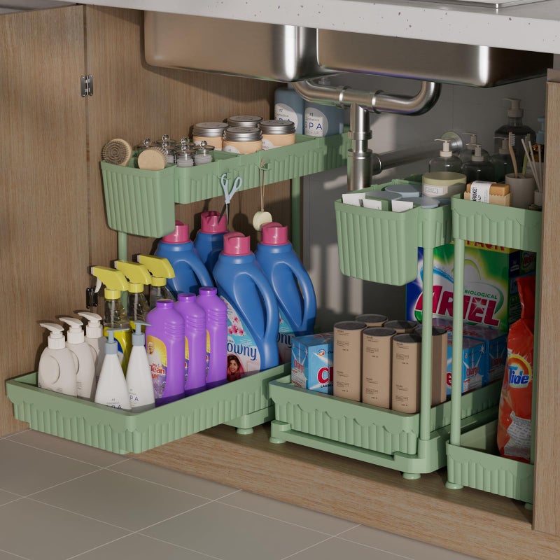 Sevenblue 3 Pack Multi-Purpose Under Sink Organizers and Storage, 2026 L-Shaped Pull Out Cabinet Organizer for Bathroom & Kitchen, Under Cabinet Organizer with Hooks Hanging Cup (Green, 12.85 inch) - Image 1