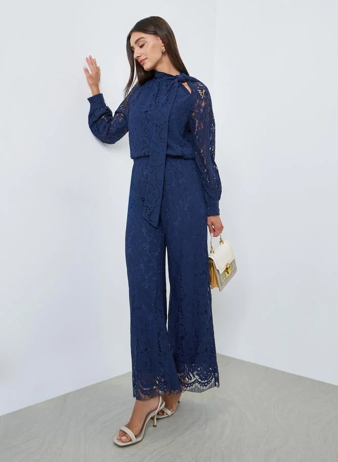 Styli Navy Blue Lace Wide Leg Pants