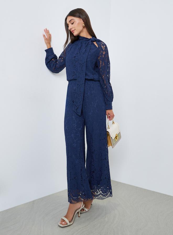 Styli Navy Blue Lace Wide Leg Pants - Image 1