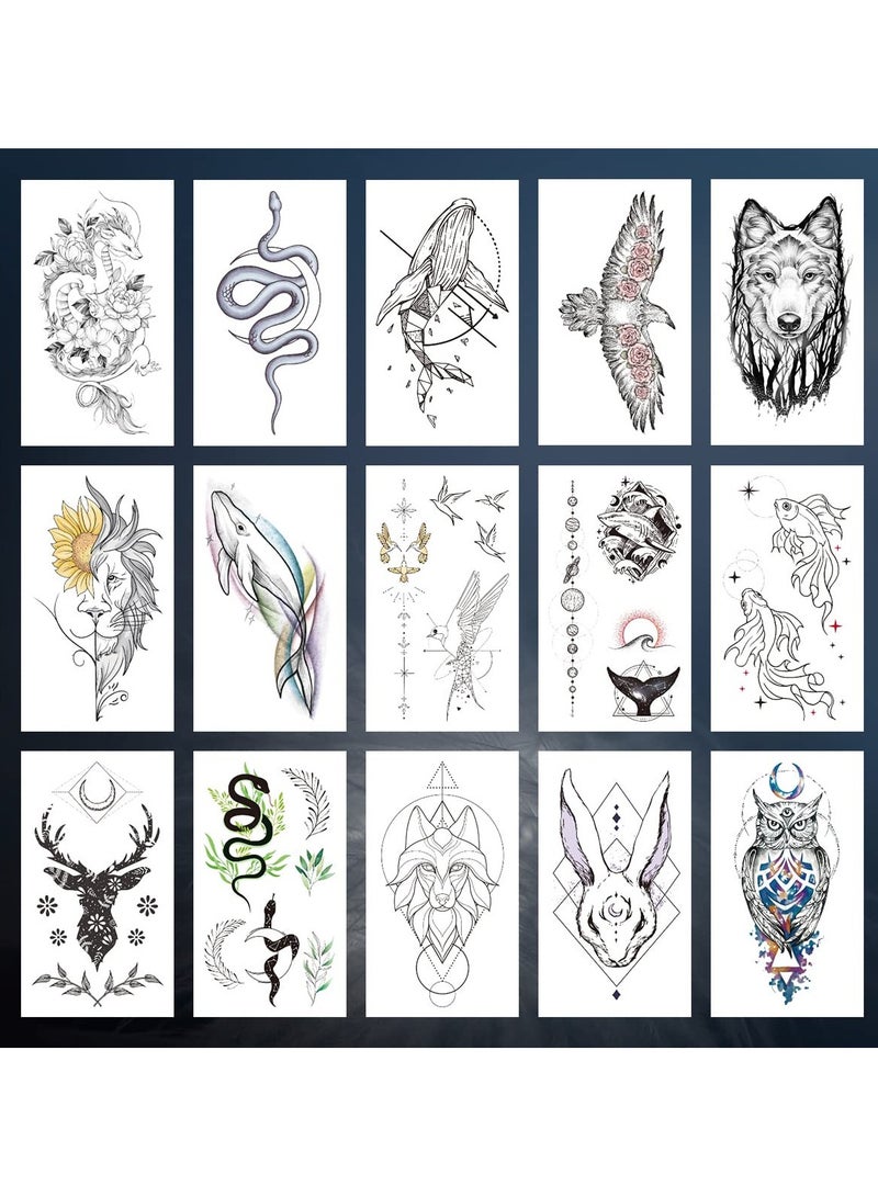 قوس قزح أورينبو وشم مؤقت صغير واقعي للحيوانات للنساء والرجال، عبوة من 15 قطعة، هدية رائعة لديكور الجسم، للعطلات، رمضان، الزفاف، الكريسماس، الطيور، الذئب، النمر، الأسد، النسر، التنين، الحوت، الثعبان - Image 1