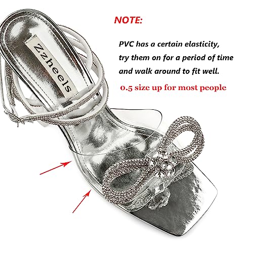 Zzheels Double Bowknots Crystal Sandals Clear Slingback Heels Square Toe Shoes for Party Wedding Dating Silver US10 - Image 2