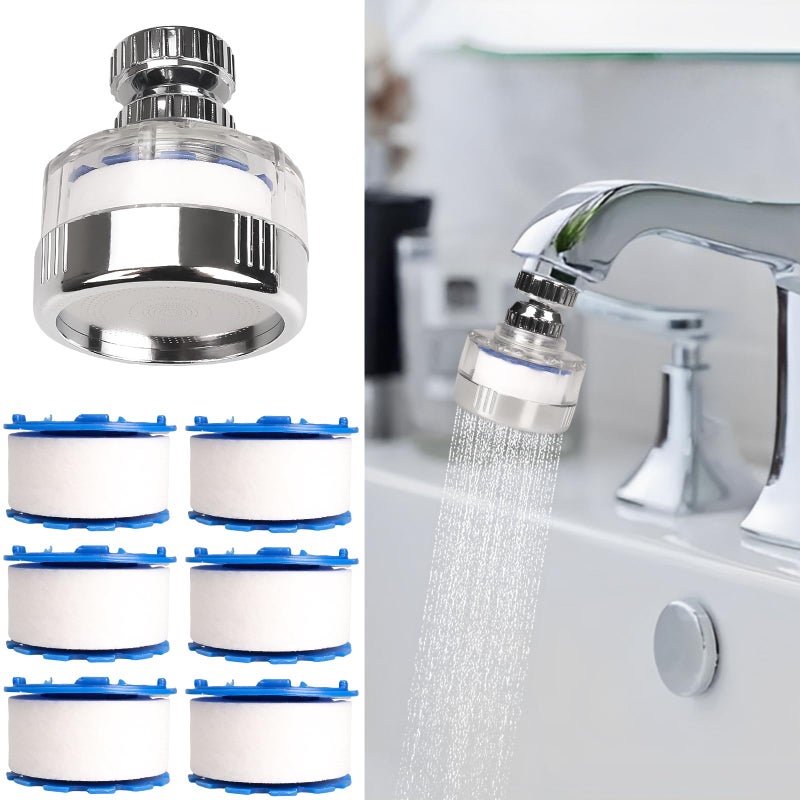 Dexspoeny 7Pcs Sink Water Filter with Filter Elements Set Universal Sink Faucet Filter 360Rotating Sink Faucet Filter Removes Fluoride Hard Water Tap Water Filter for Home Kitchen Sink