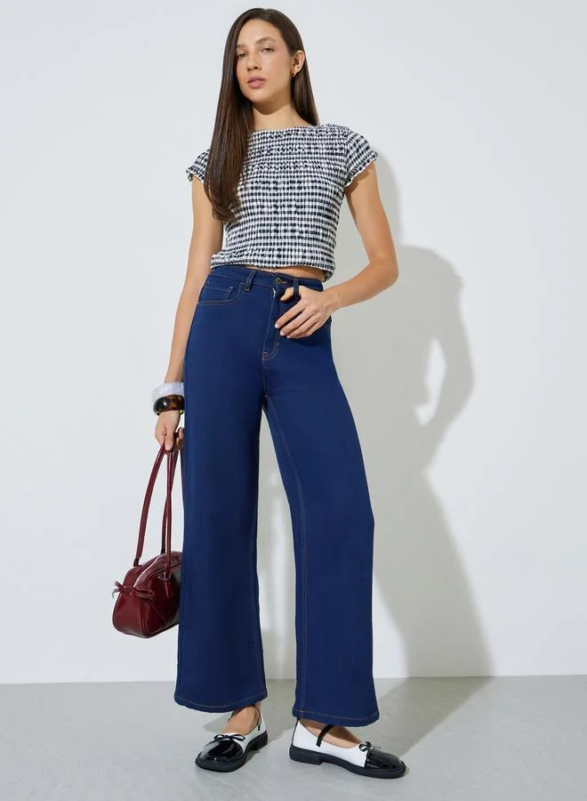 Styli Dark Blue Mid Rise Wide Leg Jeans