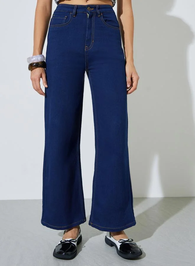 Styli Dark Blue Mid Rise Wide Leg Jeans